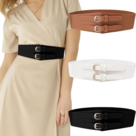Elastic Wide Waist Belt Women Vintage Cinch Belt Double Buckle Stretchy Corset - Picture 7 of 7